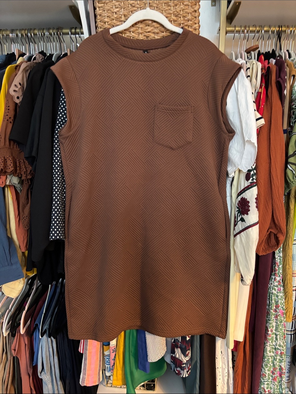 Sleeveless Brown Textured Mini Dress with Chest Pocket